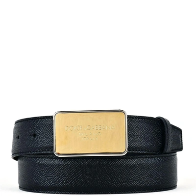 Dolce & Gabbana Leather Belt With Metal Logo Plate In Black