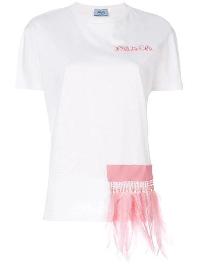 Prada Feather-embellished Logo T-shirt In Bianco+begoniabianco