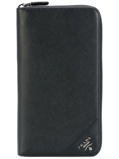 Prada Logo-plaque Saffiano-leather Travel Wallet In Black