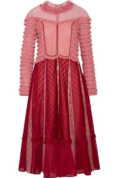 Valentino Ruffled Tulle-paneled Cotton-lace And Organza Gown In Red