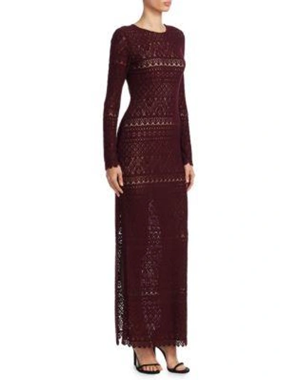 Alice And Olivia Dawna Long-sleeve High Side-slit Lace Maxi Dress In Wine