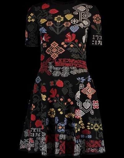 Alexander Mcqueen Needlepoint Fit & Flare Dress In Llack Multicolor