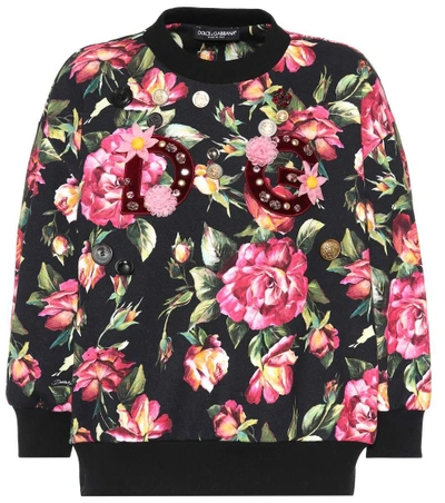 Dolce & Gabbana Embellished Floral-print Cotton-blend Fleece Sweatshirt In Black