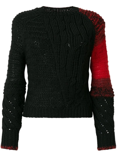 Helmut Lang Patchwork Cable-knit Crewneck Wool Sweater In Black