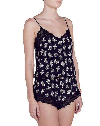 Eberjey Lou Lace-trim Silk Lounge Romper In Black Floral