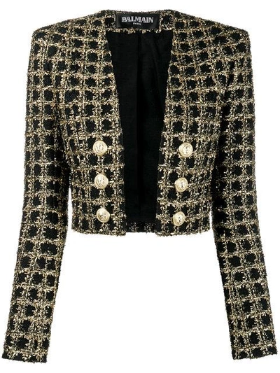 Balmain Cropped Tweed Open-front Jacket In Noir/or C5100