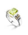 LAGOS 18K GOLD AND STERLING SILVER CAVIAR COLOR SMALL RING WITH GREEN QUARTZ,02-80561-GQ7