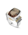 LAGOS 18K GOLD AND STERLING SILVER CAVIAR COLOR LARGE SMOKY QUARTZ RING,02-80560-ST7