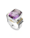 LAGOS 18K GOLD AND STERLING SILVER CAVIAR COLOR LARGE AMETHYST RING,02-80560-A7