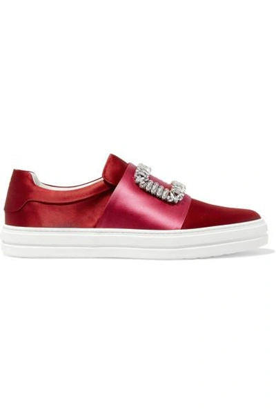 Roger Vivier Sneaky Viv Crystal-embellished Two-tone Satin Slip-on Trainers In Red