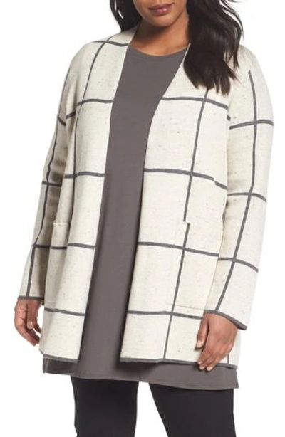 Eileen Fisher Peppered Windowpane Wool-blend Simple Long Jacket In Maple Oat