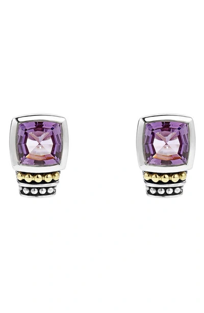 Lagos 18k Gold And Sterling Silver Caviar Color Stud Earrings With Amethyst In Purple/silver