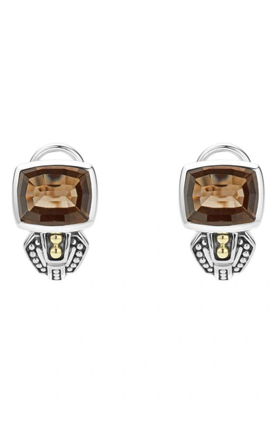 Lagos 18k Gold And Sterling Silver Caviar Color Smoky Quartz Huggie Drop Earrings In Brown/silver