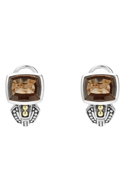 Lagos 18k Gold And Sterling Silver Caviar Color Smoky Quartz Huggie Drop Earrings In Smokey Quartz