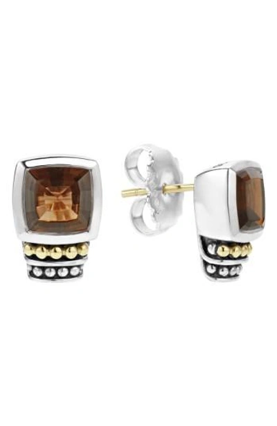 Lagos 18k Gold And Sterling Silver Caviar Colour Smoky Quartz Stud Earrings In Brown/silver