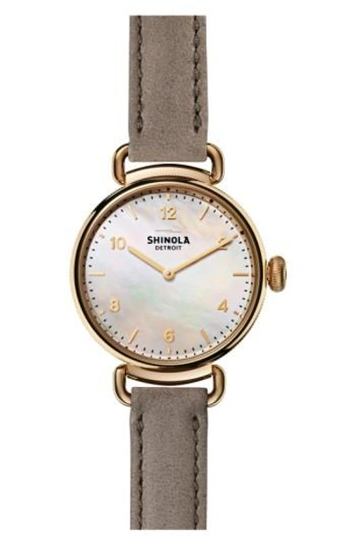 Shinola Canfield Mother-of-pearl, Goldtone Stainless Steel & Leather Strap Watch In White/gray