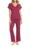 Natori Zen Floral Lace-trim Short Sleeve Pajama Set In Dragon Fruit