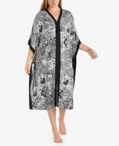 Ellen Tracy Plus Size Wide-sleeve Printed Caftan In White Grid