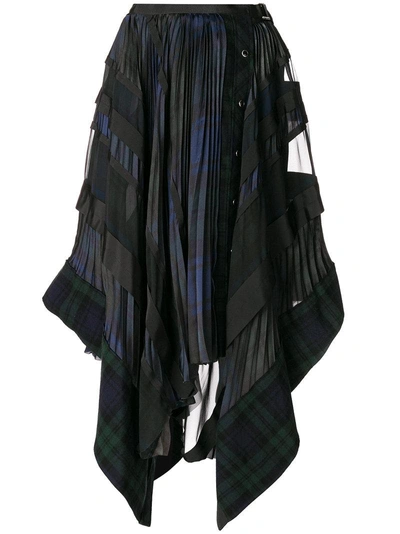 Sacai Black & Navy Pleated Plaid Belted Skirt In Blue