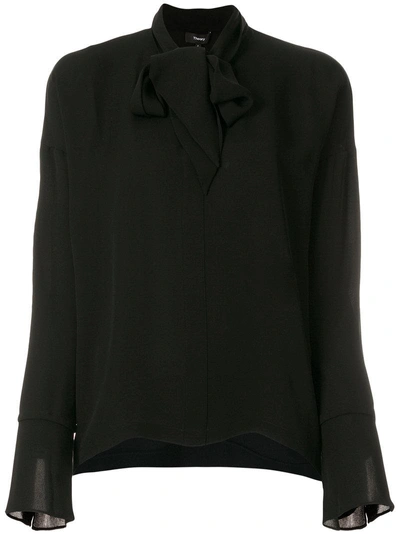 Theory High Neck Flared Cuff Blouse In Black
