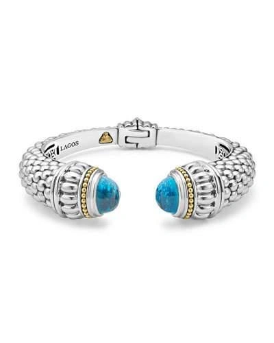 Lagos 18k Gold And Sterling Silver Caviar Colour Swiss Blue Topaz Cuff, 14mm In Blue/silver