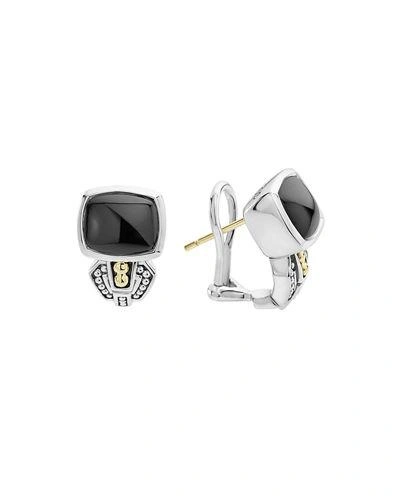 Lagos 18k Gold And Sterling Silver Caviar Colour Onyx Huggie Drop Earrings In Black/silver