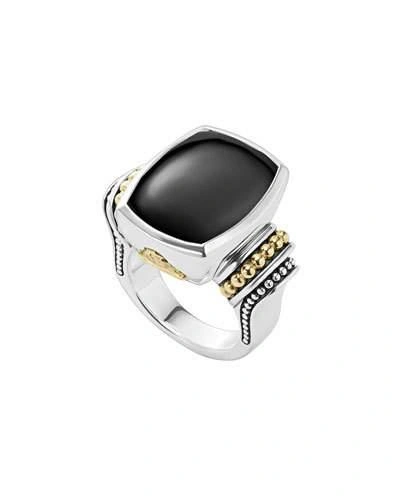 Lagos 18k Gold And Sterling Silver Caviar Color Large Onyx Ring In Black/silver