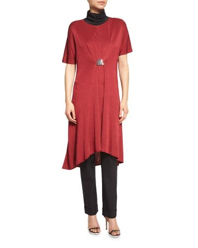 Misook Collection Flowing Short-sleeve Dress W/buckle, Red, Plus Size
