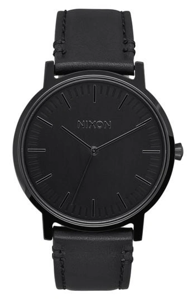 Nixon Porter Round Leather Strap Watch, 40mm In Black