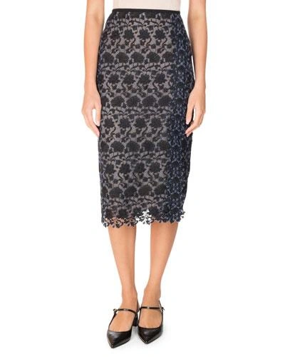 Erdem Sara Floral Lace Pencil Skirt, Black/blue