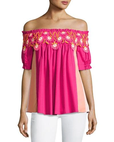 Peter Pilotto Paneled Off-the-shoulder Lace-trim Top, Pink