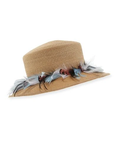 Gigi Burris Braided Straw Feather Plume Hat In Beige