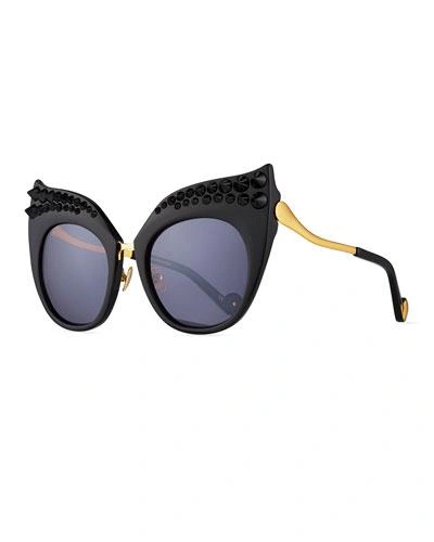 Anna-karin Karlsson Black Moon Studded Ultra Cat-eye Sunglasses In Black Metallic