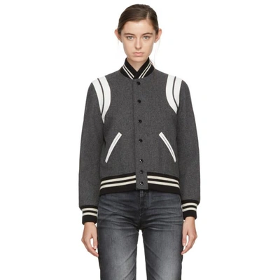 Saint Laurent Teddy Leather-trimmed Wool-blend Bomber Jacket In Grey