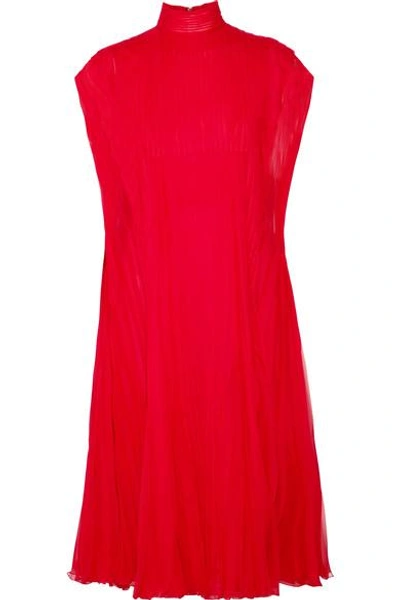 Valentino Cape-effect Plissé Silk Crepe De Chine Dress In Red