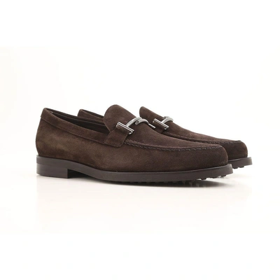 Tod's Men's Suede Loafers Moccasins Double T In Dark Brown
