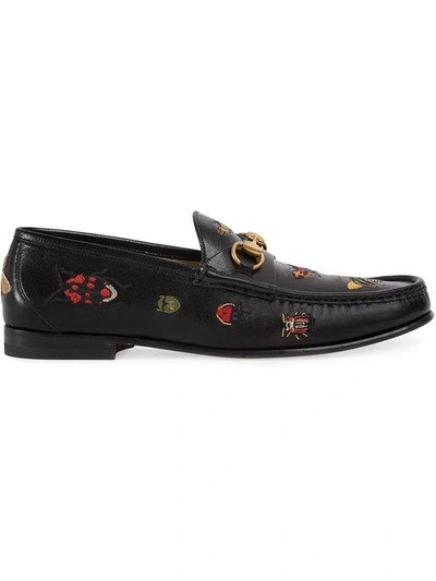Gucci Embroidered Leather Horsebit Loafers In Black
