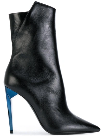 Saint Laurent Pointed Toe Contrast Heel Boots In Noir-blue