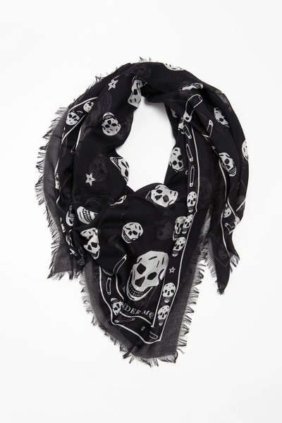 Alexander Mcqueen Fringed Skull-print Modal And Silk-blend Scarf In Black