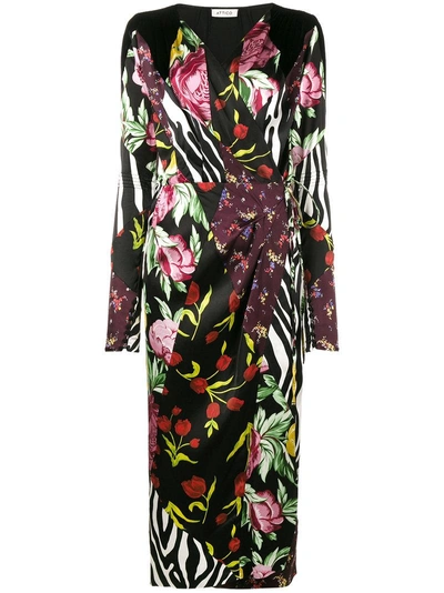 Attico Velvet-trimmed Paneled Printed Satin Wrap Midi Dress In Multicolor