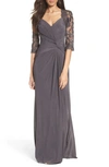 La Femme Ruched Twist Column Gown In Gunmetal