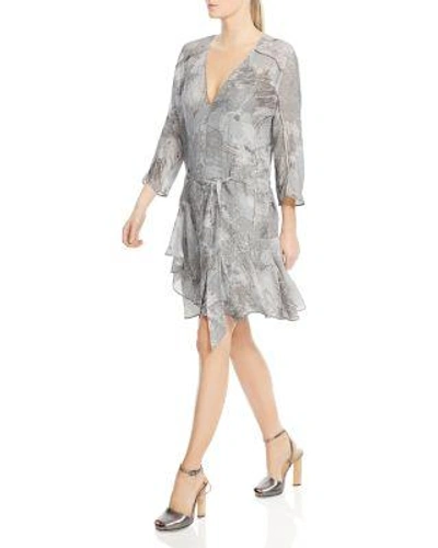 Halston Heritage V-neck Printed Dress W/ Ruffled Skirt In Gray Sunburst Print