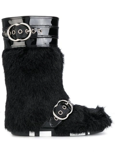 Miu Miu Faux Shearling And Patent Boots In Black