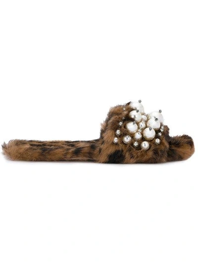 Miu Miu Leopard Print Fur Pearl Lyn Slides In Caramel