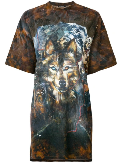 Balmain Wolf Print T-shirt In Brown