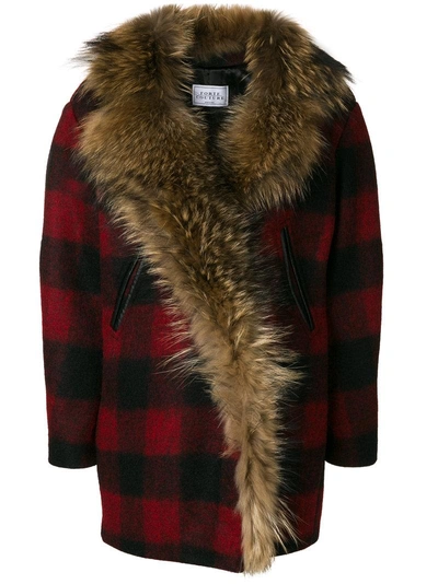 Forte Couture Aspen Fur & Check Wool Blend Coat In Red/black/brown
