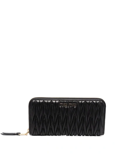 Miu Miu Matelassé Zip Around Wallet In Black