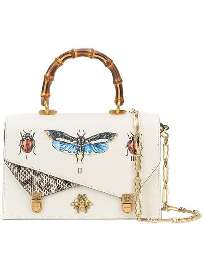 Gucci Medium Linea P Butterfly Painted Leather & Genuine Snakeskin Top Handle Satchel In White