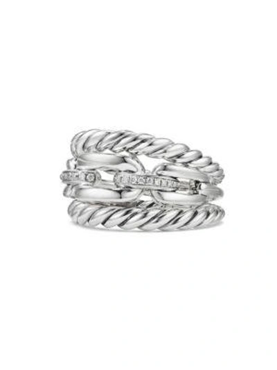 David Yurman Wellesley Sterling Silver Three-row Ring With Diamonds In White/silver