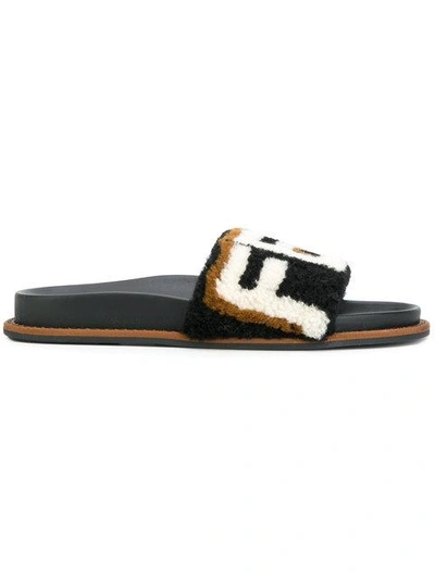 Fendi 20mm Logo Shearling Slide Sandals, Black In Black